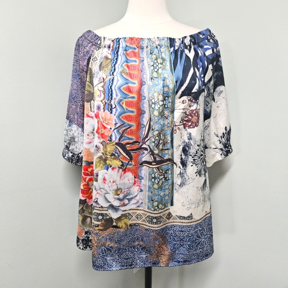 Chico's Floral Botanical Scarf Inspired Off The Shoulder Top XL Chicos 3 Sz 16